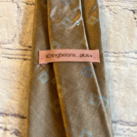STRING-BEANS PLUS TAN/TAUPE ABSTRACT LIGHT BLUE SILK VINTAGE THINNER MENS TIE - Picture 3 of 7